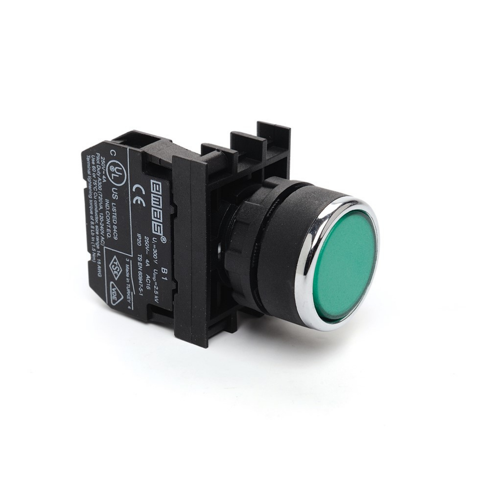 B Serisi Plastik Yaylı Düz Yeşil 22 mm Buton